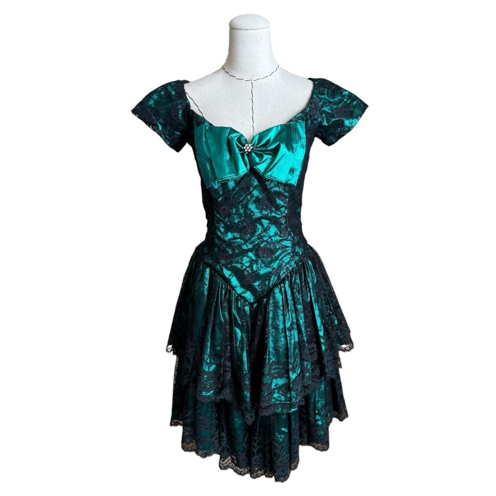 Vintage 80s Loralie Green Metallic Black Lace Bow Dress Party Prom Whimsigoth S